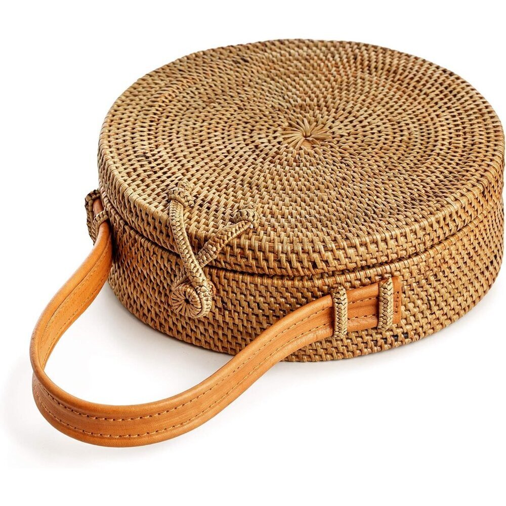 Round Rattan Bag for Women Handmade Straw Purse Summer Boho Crossbody - Picture 2 of 6